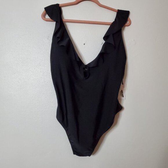Shade & Shore Women's One Piece Swimsuit XL Black Ruffle Plunge NWT Medium Seat - Picture 13 of 16